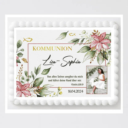 Tortenaufleger zur Kommunion mit Blumen – eckig & personalisierbar Funnybake.de