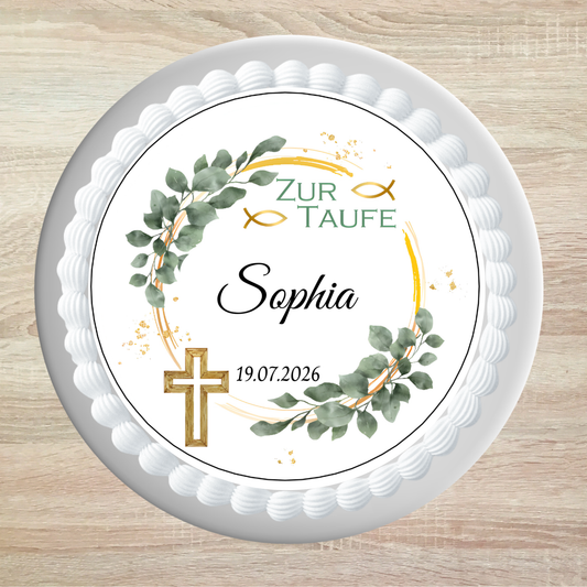 Tortenaufleger Taufe personalisiert – Eukalyptus Ranke gold