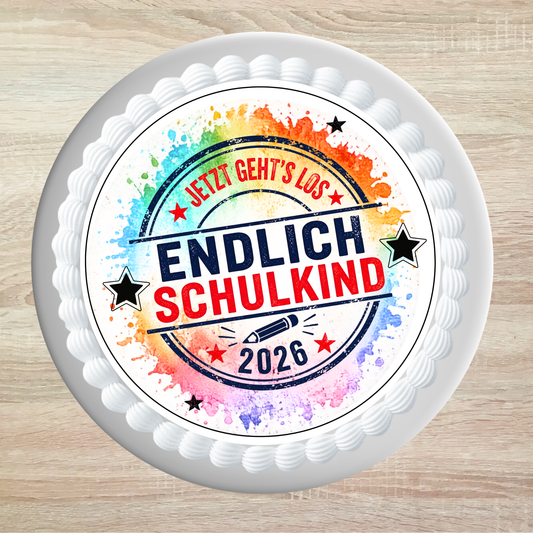 Tortenaufleger Einschulung endlich Schulkind bunt – Jetzt geht’s los, Jahreszahl wird angepasst