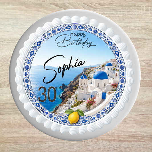 Tortenaufleger Geburtstag Santorini auf weißer Torte – personalisiert mit Name Sophia und Zahl 30