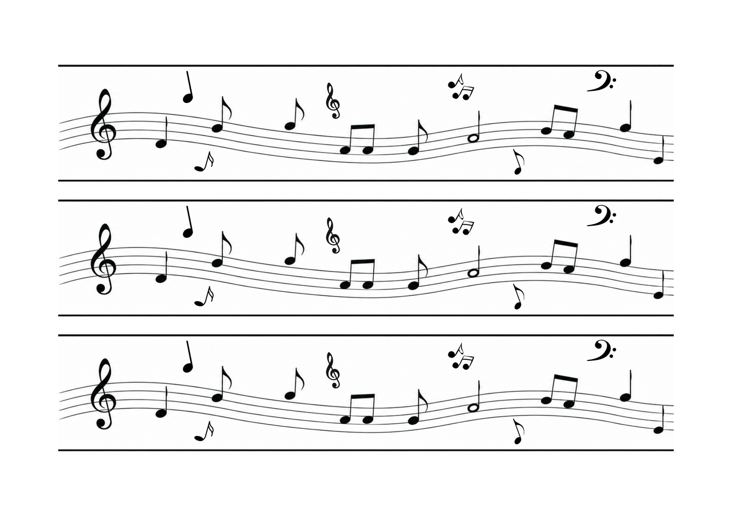 Druckbogen Tortenband Noten – 3 Streifen mit Violinschlüssel, Bassschlüssel und Musiknoten auf Zuckerpapier