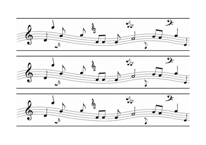 Druckbogen Tortenband Noten – 3 Streifen mit Violinschlüssel, Bassschlüssel und Musiknoten auf Zuckerpapier