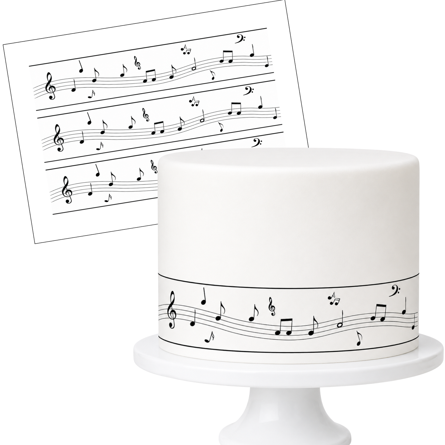 Tortenband Noten auf Torte mit Druckbogen – essbares Zuckerpapier Musiknoten