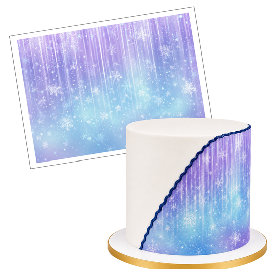 Tortenband Schneeflocken Wintermotiv A4 Zuckerpapier ungeschnitten – lila blau mit Eismotiven