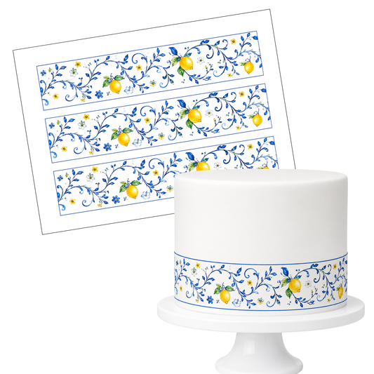 Tortenband Zuckerpapier Zitrone Blau – 3 Bänder pro A4-Blatt ungeschnitten – Funny Bake