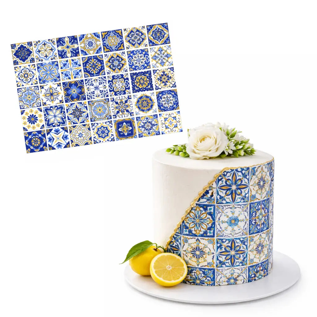 Tortenband mit toskanischem Fliesenmuster – Blau & Weiß Amalfi Optik Funnybake-Backzubehör