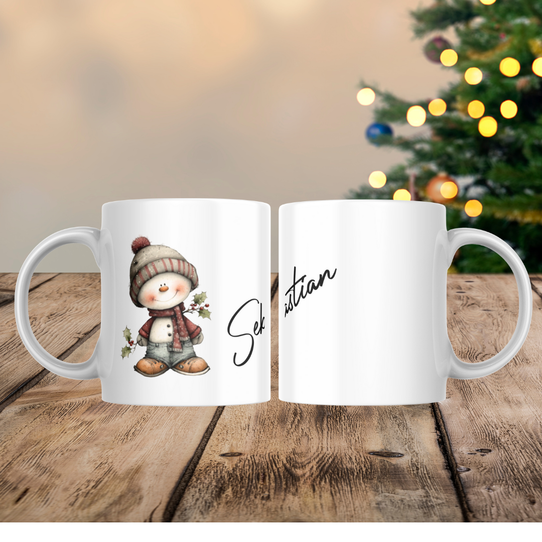 weiße tasse 330ml schneeman in sanften braun rottönen  nostalgisch mit name personalisiert geschenktasse 