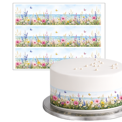 Tortenband Wildblumen mit Hintergrund – essbar, personalisierbar