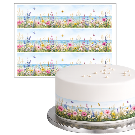 Tortenband Wildblumen mit Hintergrund – essbar, personalisierbar