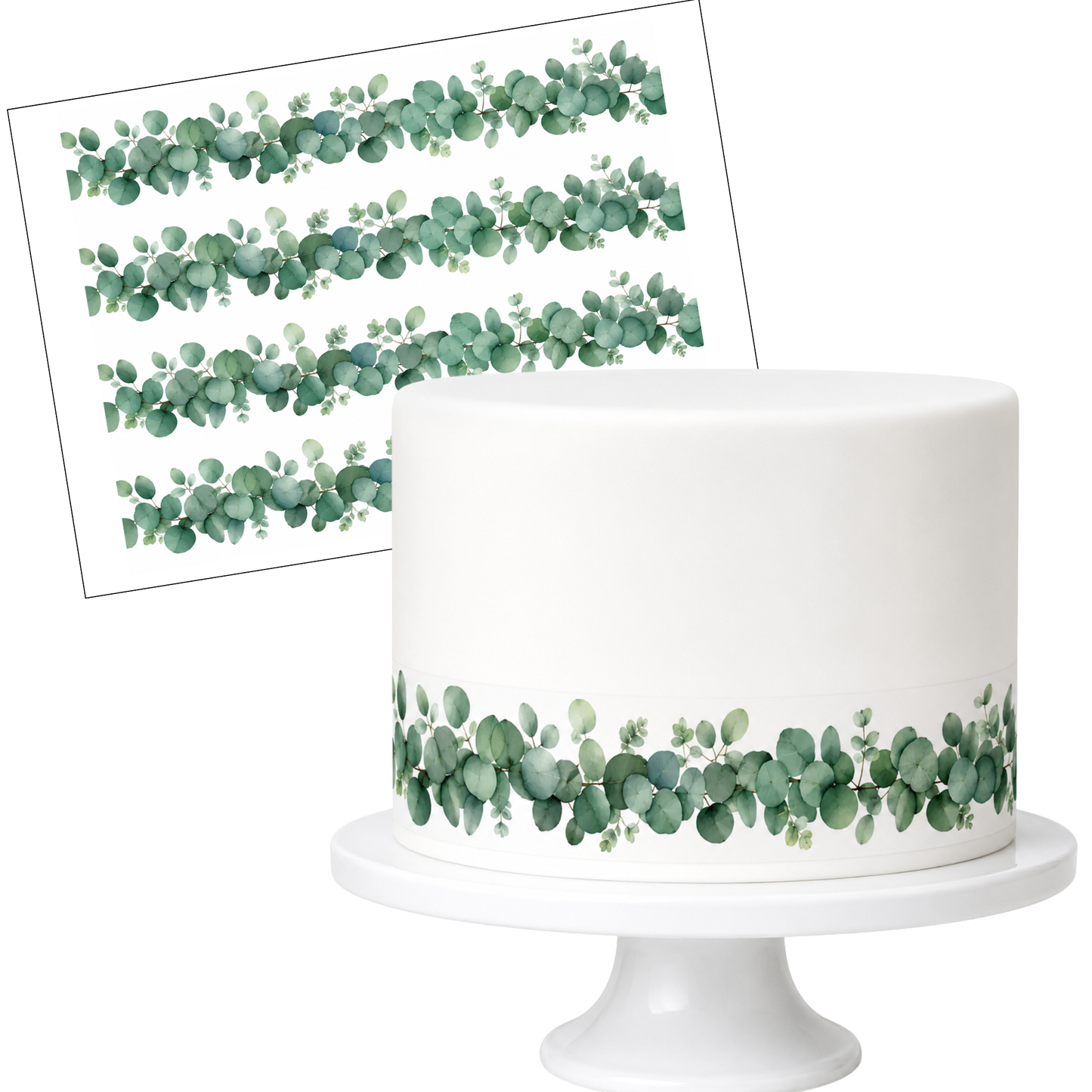 Tortenband Eukalyptus Efeu Ranke – essbares Zuckerpapier für Taufe, Hochzeit & Geburtstag