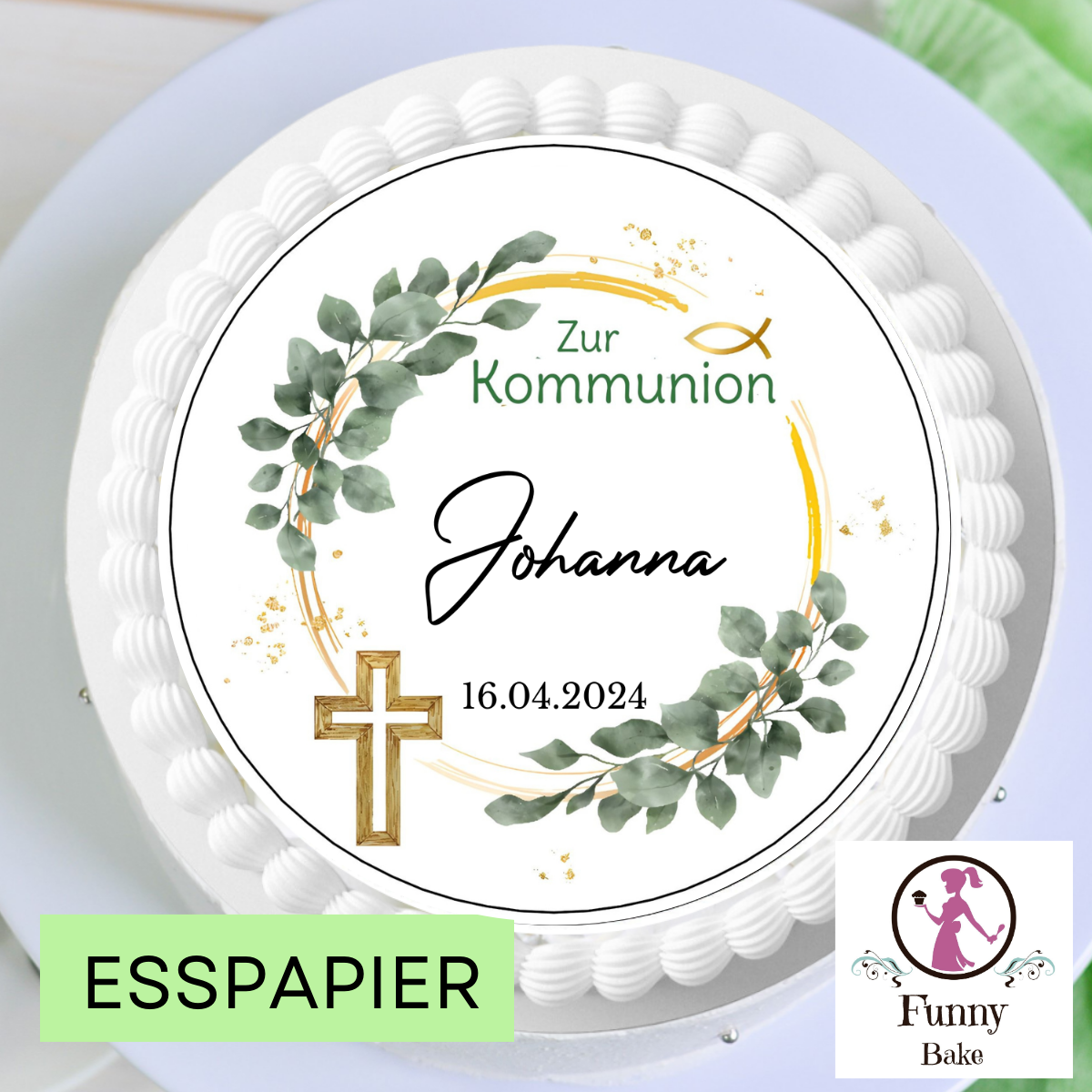 Tortenaufleger Kommunion Eukalyptus Gold Schrift Name Datum