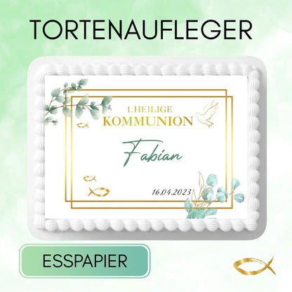 Tortenaufleger zur 1. Heiligen Kommunion – modern eckig mit Eukalyptus, Gold & Fischen Funny Bake