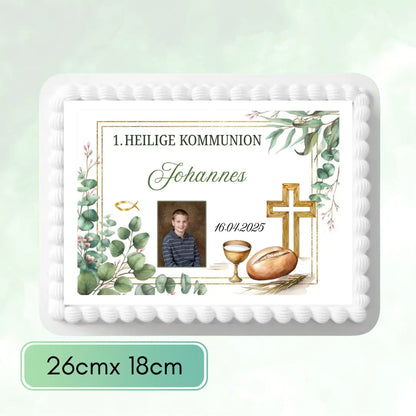 Tortenaufleger Kommunion eckig mit Bild, Name und Datum Funny Bake