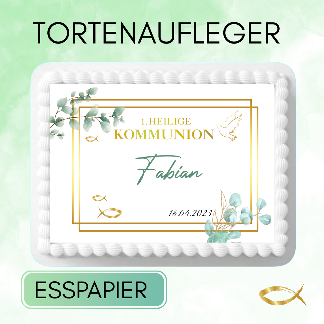 tortenaufleger kommunion esspapier mit namen eckig  goldrahmen ranke fische 