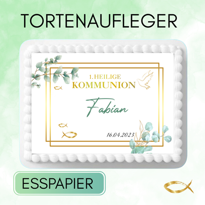 tortenaufleger kommunion esspapier mit namen eckig  goldrahmen ranke fische 