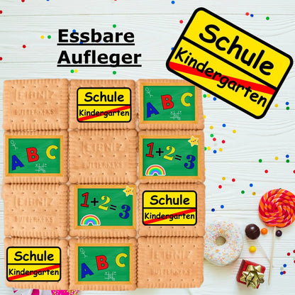 Schultafel-Eckig-Aufleger-Esspapier-Tortendeko-Einschulung-grün-gelb-Buchstaben-Zahlen