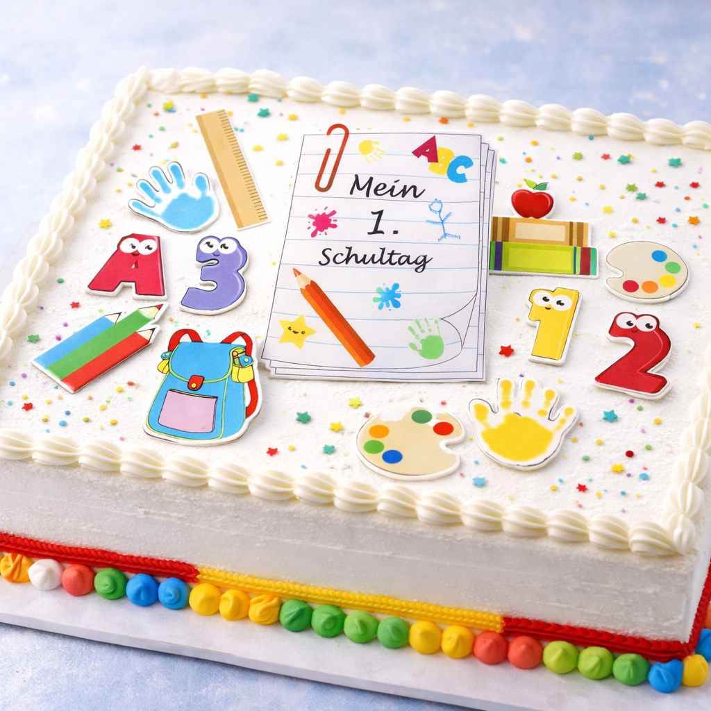 Esspapier Aufleger „Mein 1. Schultag“ aus dem Einschulung Mix als essbare Tortendeko für Torten, Kuchen 