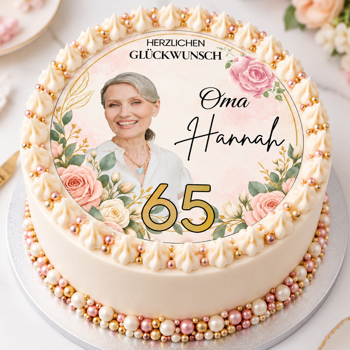Tortenaufleger Rosen mit Foto, Name und Zahl
