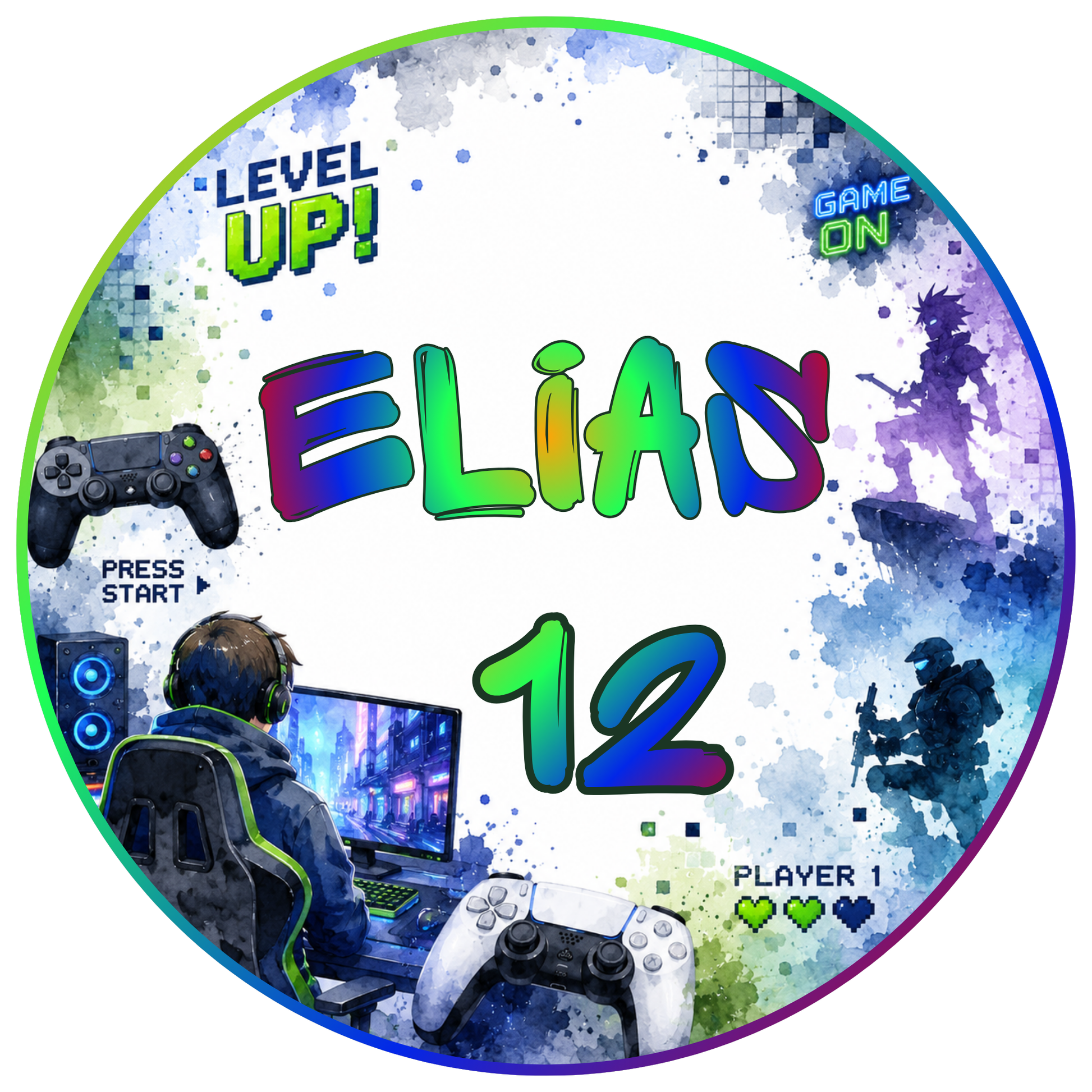 Tortenaufleger Gaming personalisierbar mit Name und Zahl – rund 20 cm, Zocker Gamer Geburtstag, Level Up Spielkonsole