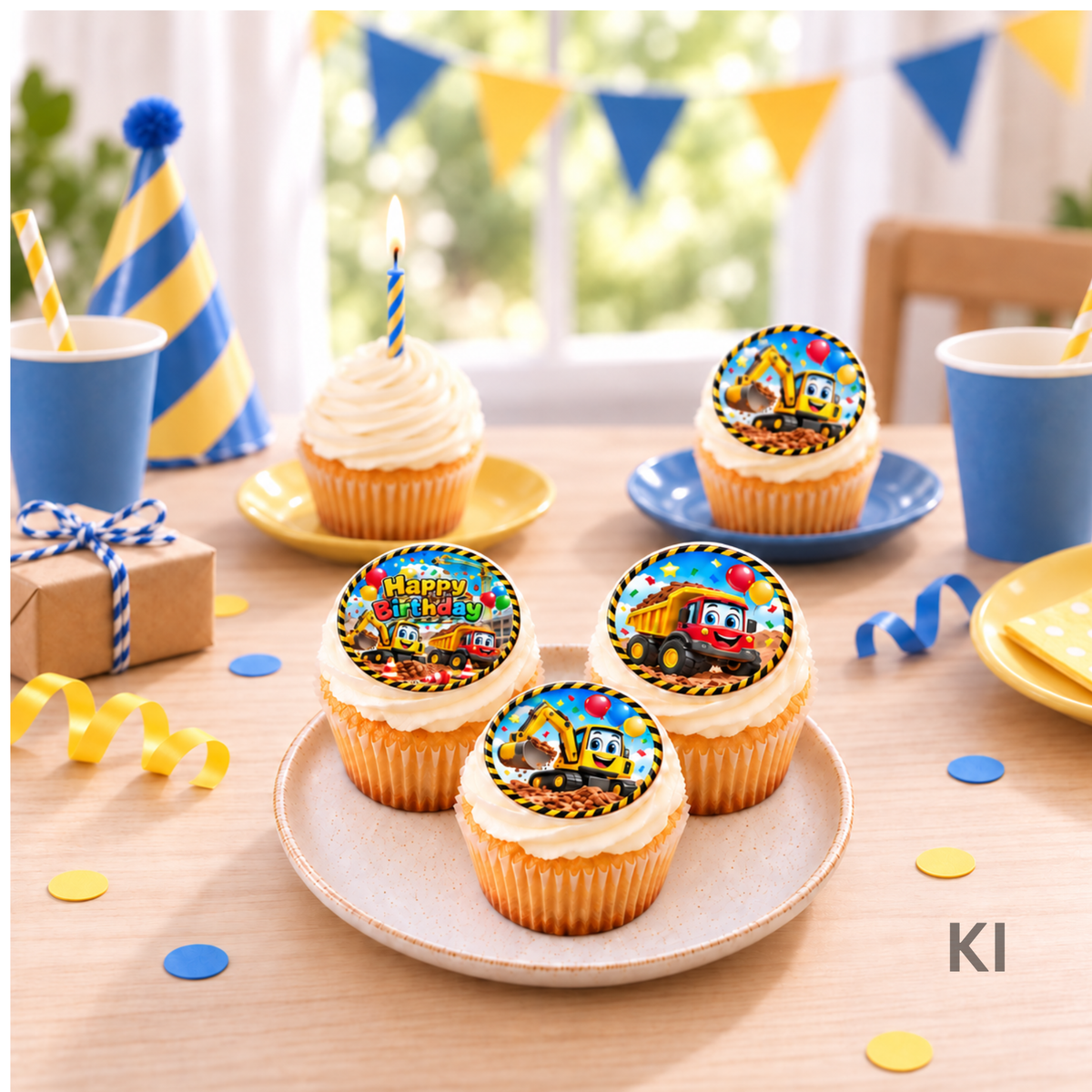 Muffins mit essbaren Bagger- und Laster-Auflegern für einen Baustellen-Kindergeburtstag, KI-gekennzeichnetes Anwendungsbild