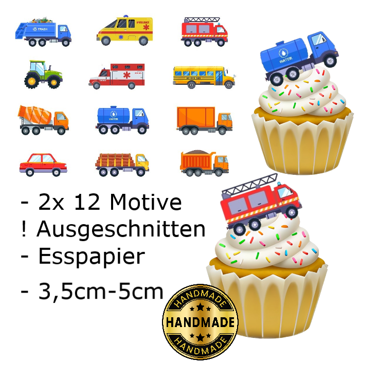 Muffinaufleger Fahrzeuge 12 verschiedene