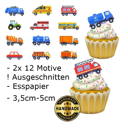 Muffinaufleger Fahrzeuge aus Esspapier mit 12 verschiedenen Motiven