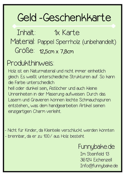 Geschenkkarte Finanzspritze Holzkarte - Funny Bake