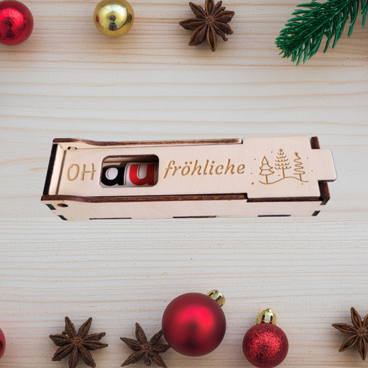 Gravierte Holzkiste aus Holz mit weihnachtlichem Motiv – Geschenkbox passend für Schokolade oder Geld, Nikolaus- und Wichtelgeschenk