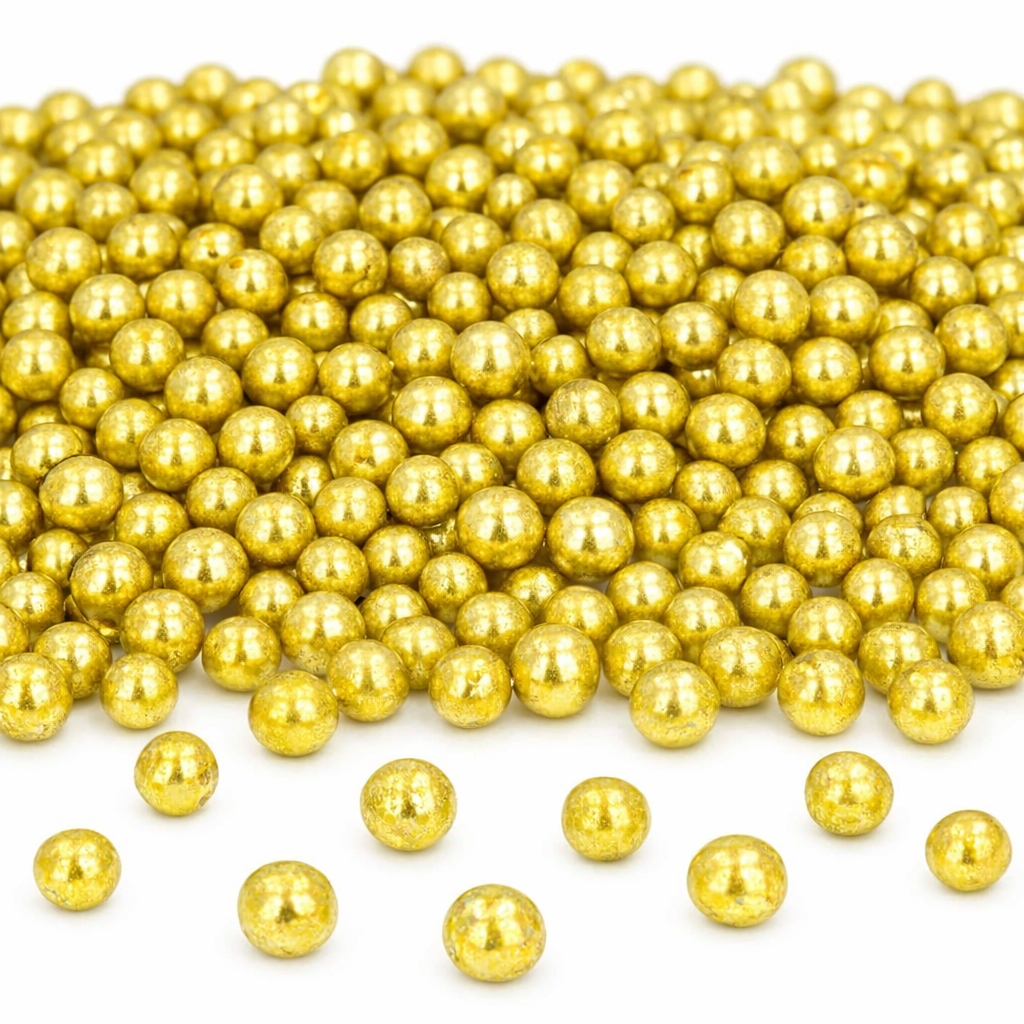 Essbare goldene 7mm Zuckerperlen in Metallic-Optik auf weißem Hintergrund