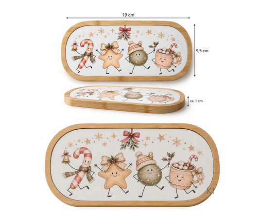 Ovaler Bambus-Untersetzer Weihnachten – Maßdarstellung 19 x 9,5 x 1 cm, zwei Motive