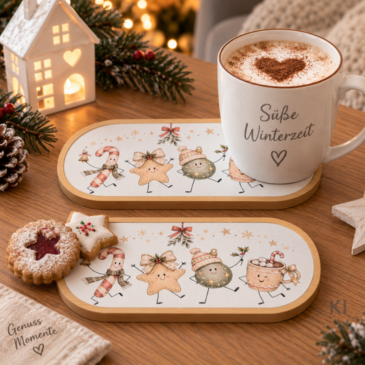 Ovaler Bambus-Untersetzer Weihnachten mit MDF-Einleger – Motiv tanzende Weihnachtsfiguren, mit Tasse und Keksen
