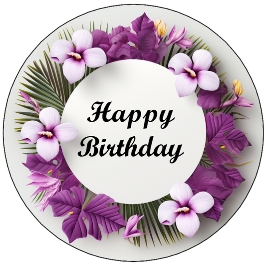 Tortenaufleger - Happy Birthday- mit lila Blumen