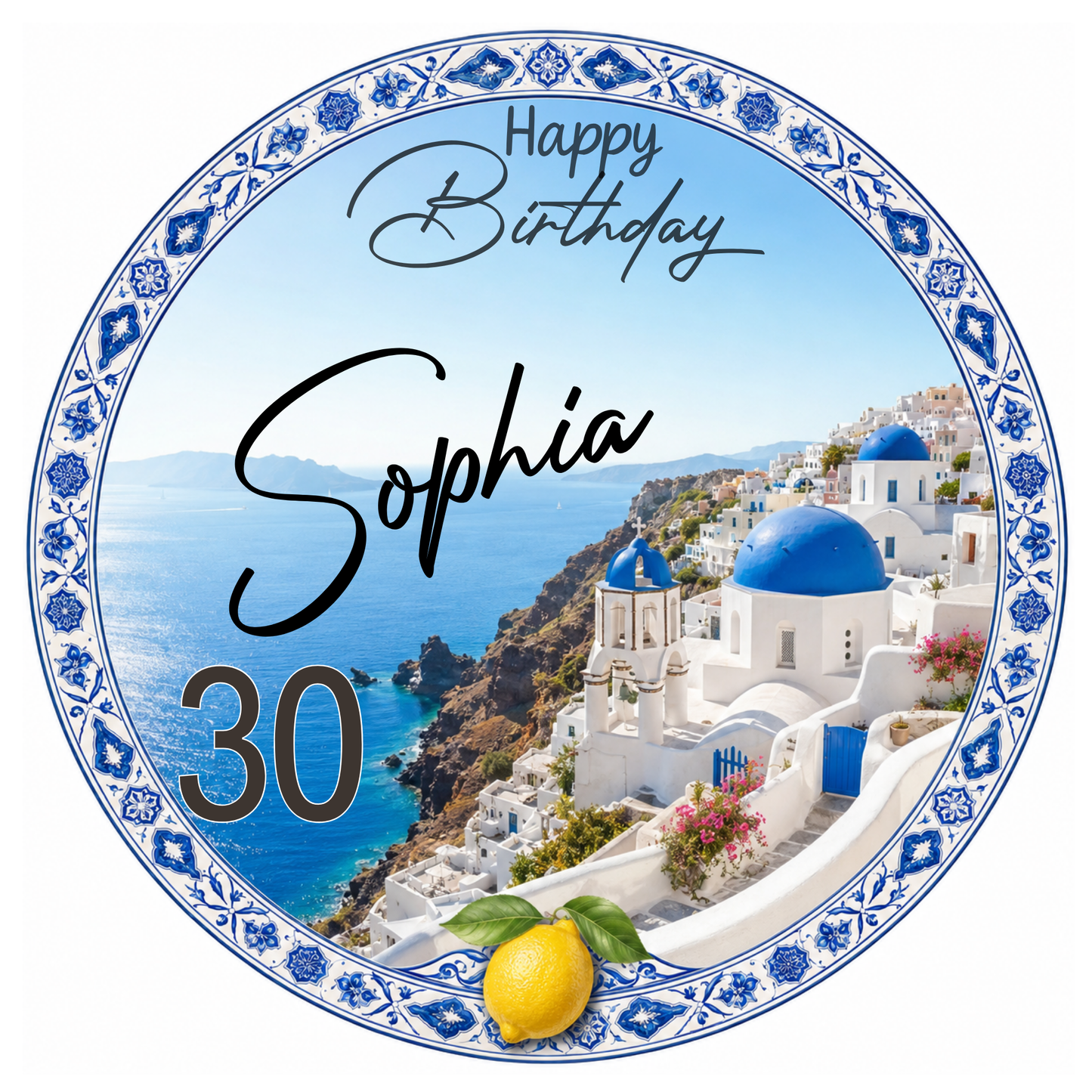 Tortenaufleger Santorini Geburtstag – Aufleger und Torte Ansicht, personalisiert mit Name und Jahreszahl
