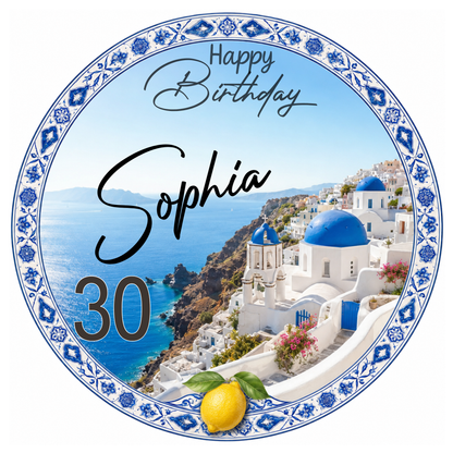 Tortenaufleger Santorini Geburtstag – Aufleger und Torte Ansicht, personalisiert mit Name und Jahreszahl