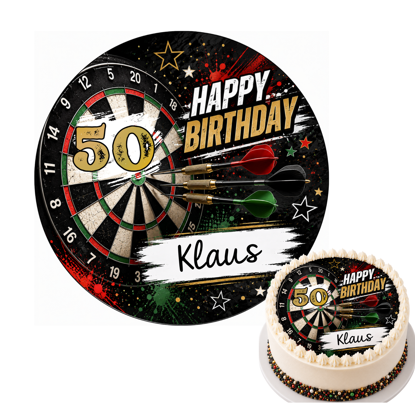 Tortenaufleger Dartscheibe personalisiert 20cm – Name und Zahl, Geburtstag Mann, Esspapier Zuckerpapier