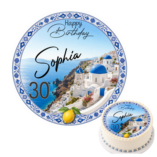 Runder Tortenaufleger Santorini Geburtstag – blaue Kuppeln, Meer, Zitrone – personalisiert