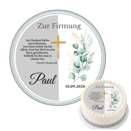 Tortenaufleger Firmung Eukalyptus Kreuz personalisiert