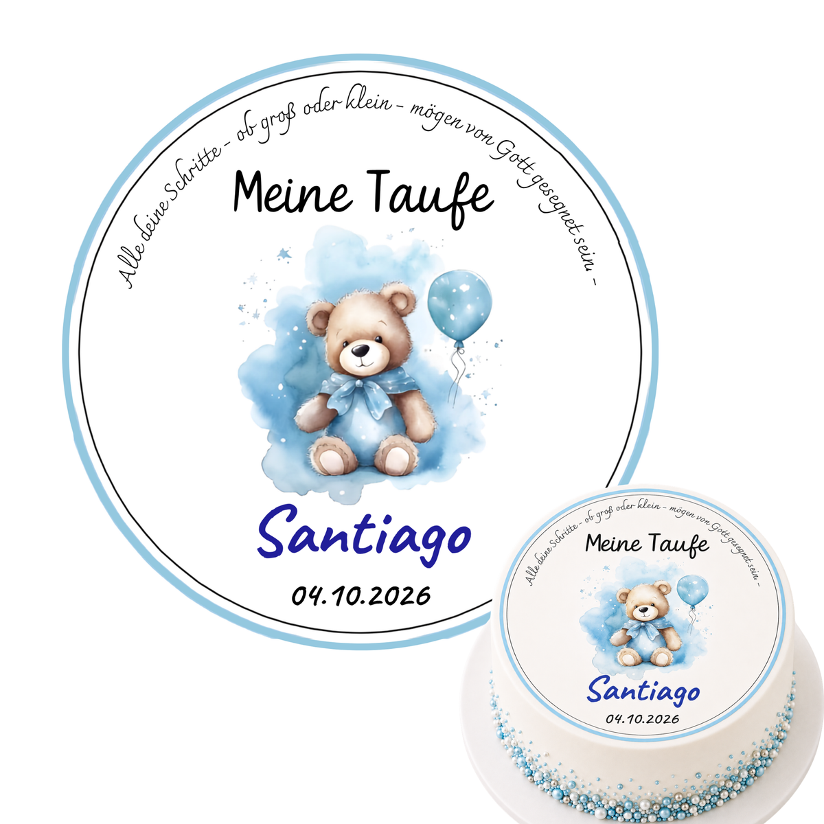 Tortenaufleger Taufe Junge Bär mit Ballon personalisiert