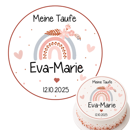 Tortenaufleger Taufe Regenbogen Boho orange – personalisiert mit Name & Datum