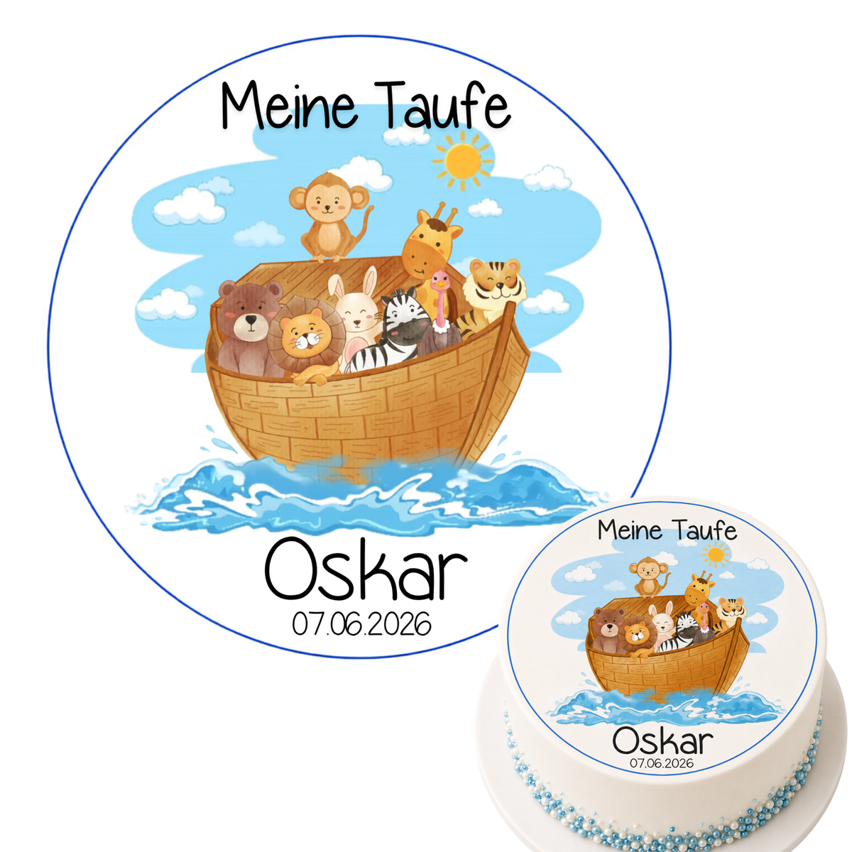KI | Tortenaufleger Taufe Arche Noah – essbares Zuckerbild mit Tieren, personalisiert mit Name und Datum