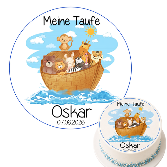 KI | Tortenaufleger Taufe Arche Noah – essbares Zuckerbild mit Tieren, personalisiert mit Name und Datum