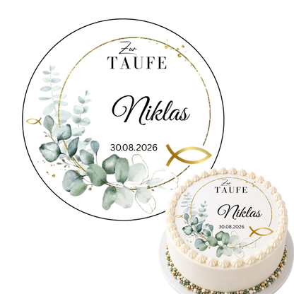 Tortenaufleger Taufe personalisiert – Eukalyptus gold Fische