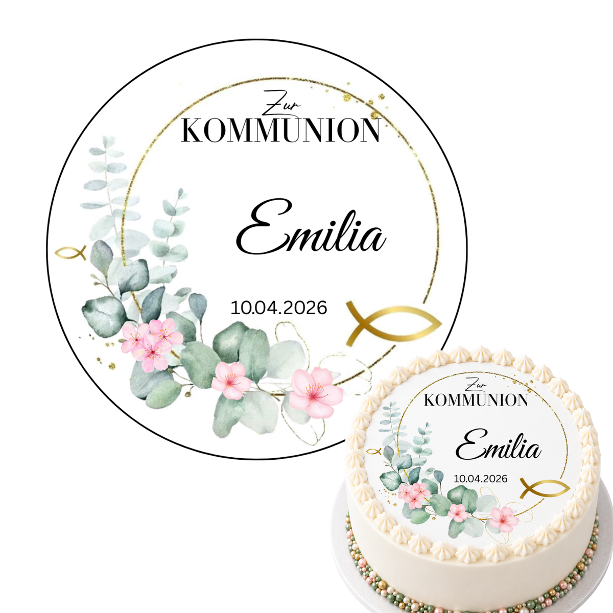 Tortenaufleger Kommunion Mädchen freistehend und auf Torte – Eukalyptus gold rosa Kirschblüten, 20 cm