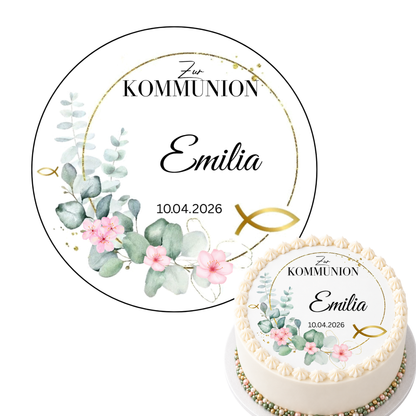Tortenaufleger Kommunion Mädchen freistehend und auf Torte – Eukalyptus gold rosa Kirschblüten, 20 cm