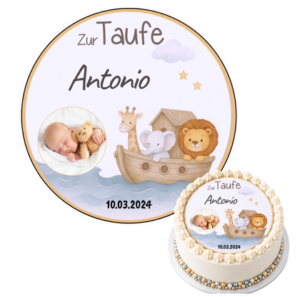 Tortenaufleger Taufe mit Arche & Tieren – personalisiert mit Name, Datum und Foto