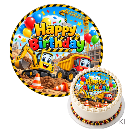 Runder Tortenaufleger mit Bagger, Laster und Happy Birthday zum Kindergeburtstag, mit Tortenbeispiel und sichtbarer KI-Kennzeichnung