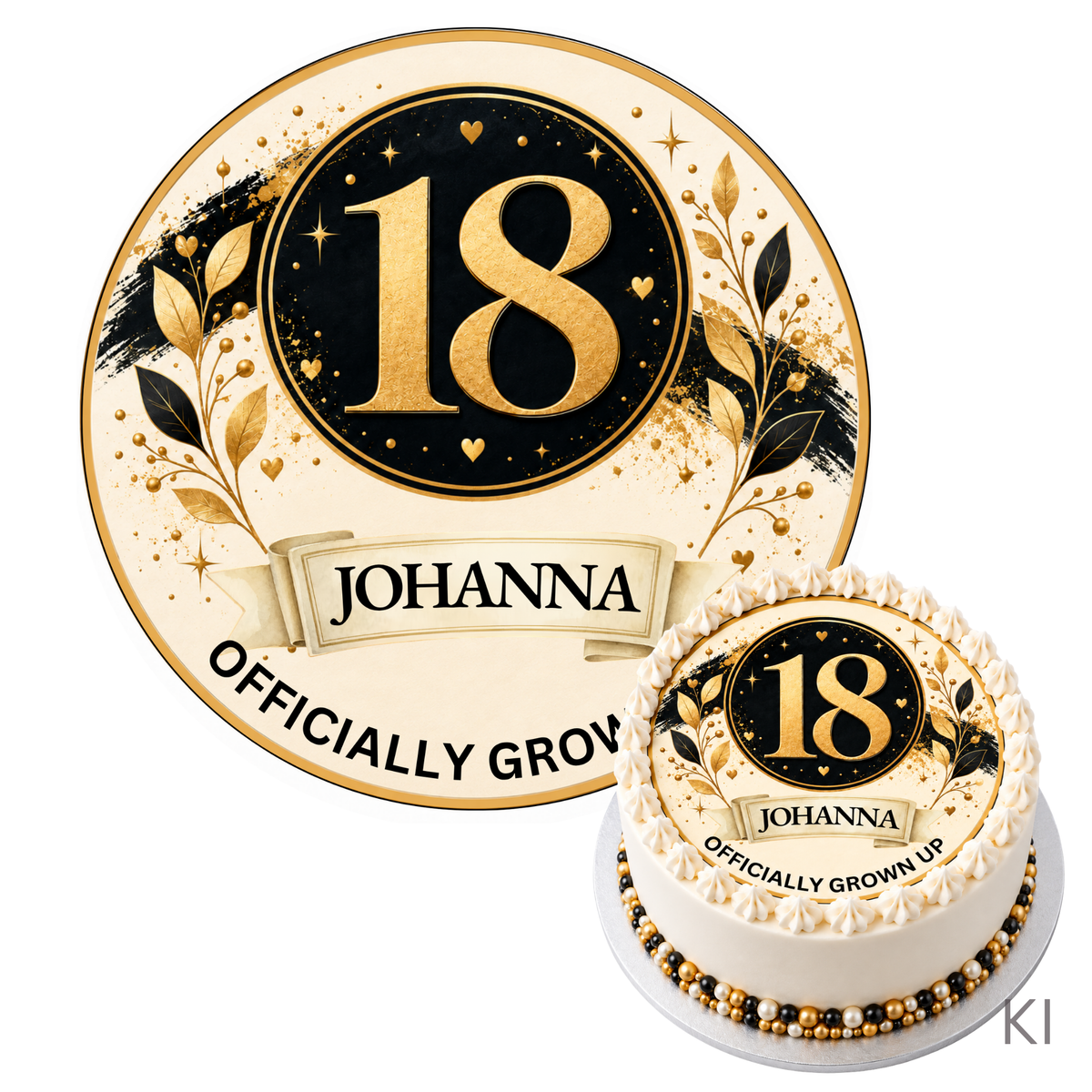 Tortenaufleger zum 18. Geburtstag in Schwarz-Gold mit Beispielname Johanna und Tortenbeispiel, sichtbar KI-gekennzeichnet