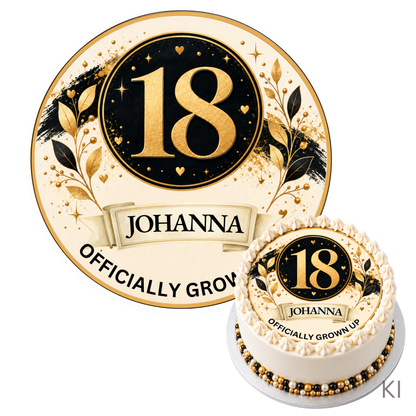 Tortenaufleger zum 18. Geburtstag in Schwarz-Gold mit Beispielname Johanna und Tortenbeispiel, sichtbar KI-gekennzeichnet