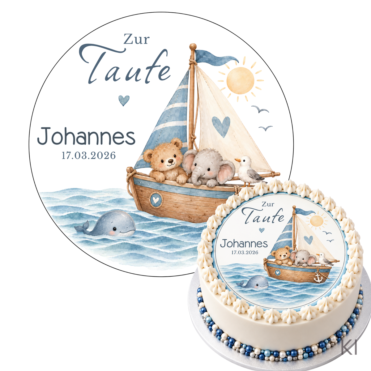 Personalisierter Tortenaufleger zur Taufe eines Jungen mit blauem Boot, Arche-Noah-Tiermotiv, Wunschname und Taufdatum; KI-gekennzeichnetes Tortenbeispiel