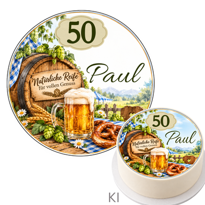 Tortenaufleger Bierfass für Mann mit Name und Zahl